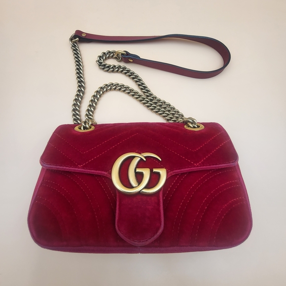 Gucci Handbags - GUCCI Velvet Matelasse Mini GG Marmont Shoulder Crossbody Bag Hibiscus Red,Auth.